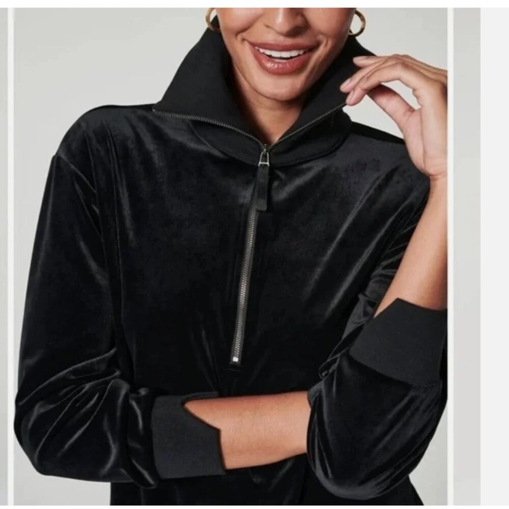 NWOT Spanx Half Zip Pullover Sweatshirt Black Velvet Preppy Travel Womens‎ 2X